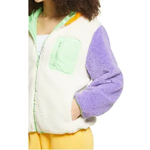 Custom Logo Winter Warm Fax Fur Outwear Full Zipper Solid Color Sherpa Fleece Jacket with Pocket