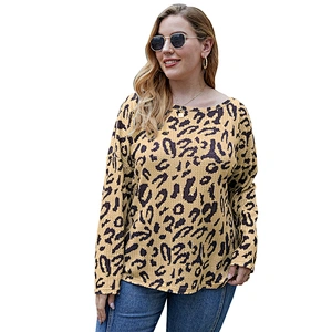Amazon Top Selling  Women Plus Size Leopard Print Sweater Tops Long Sleeve Pullover Blouse