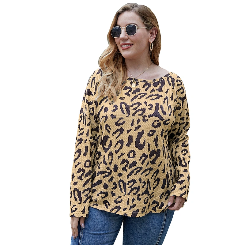 Amazon Top Selling  Women Plus Size Leopard Print Sweater Tops Long Sleeve Pullover Blouse