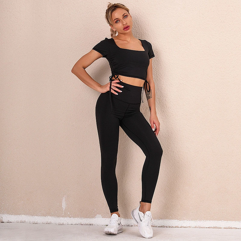 LilyFashion New solid color spliced bow yoga belt yoga suit women sports running jacket yoga suit