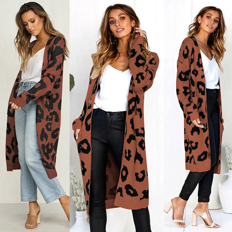 Trendy female knit sweater long sleeve women extra long leopard cardigan without buttons