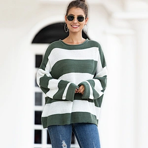Wholesale Hot Selling Knitwear Loose Long Sleeve Edge Curl Collar Striped Women Sweater