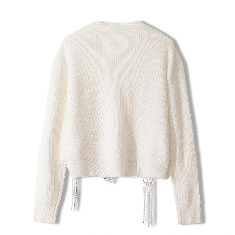 Custom Logo Lady Fashion Vintage Style Loose Knitting Pullover Jumper Lace Beading Knitted Sweater Tops