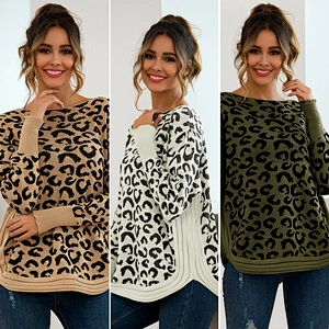 Fancy Stylish Women pullover jumper Long sleeve Striped Hem White Leopard Knit Sweater