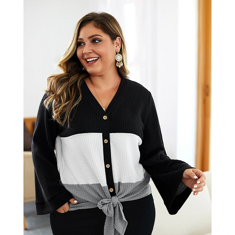 Women Plus Size Pullover Sweaters Ruffle Sleeve Patch work Knitted V- Neck Full Button Warm Sweater Tops