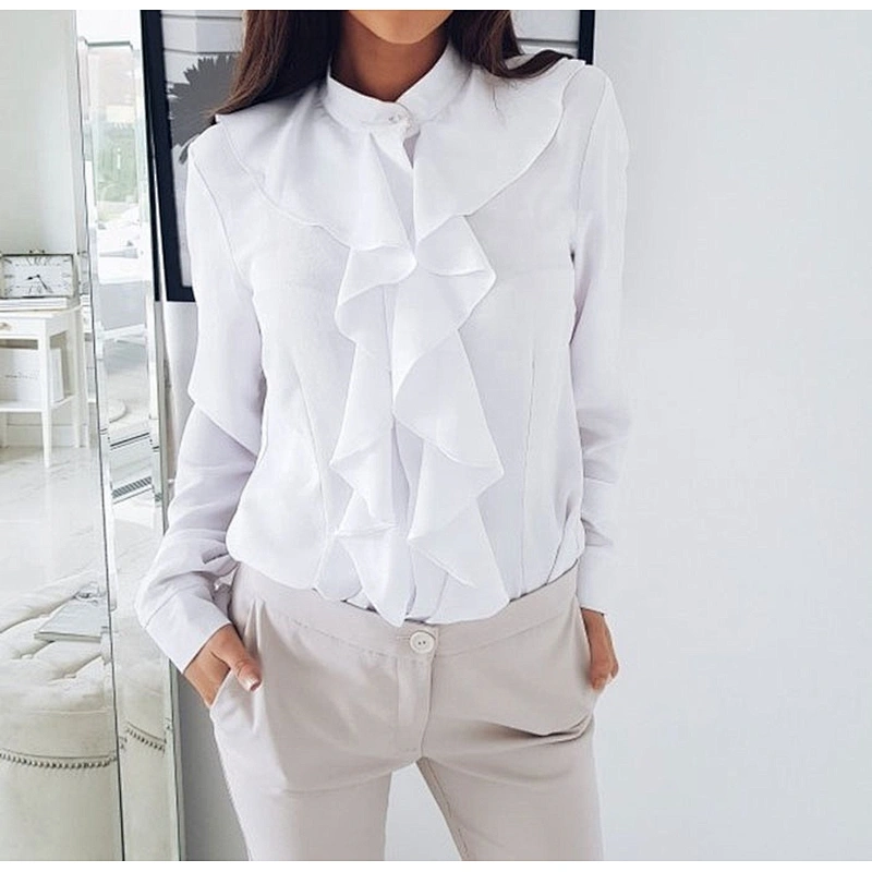 Wholesale Women Chiffon Flounce Shirt Long Sleeve Formal Clothes