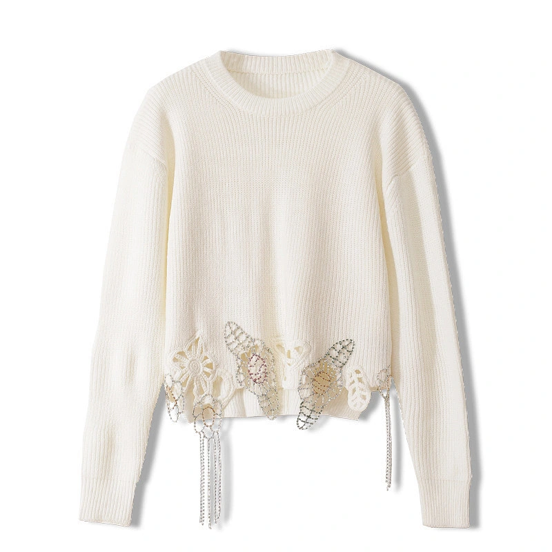 Custom Logo Lady Fashion Vintage Style Loose Knitting Pullover Jumper Lace Beading Knitted Sweater Tops
