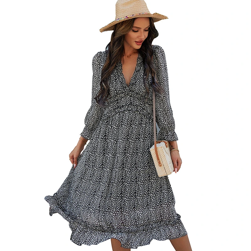 2021 New All Over Print Deep V-neck Ruffle Hem Dress