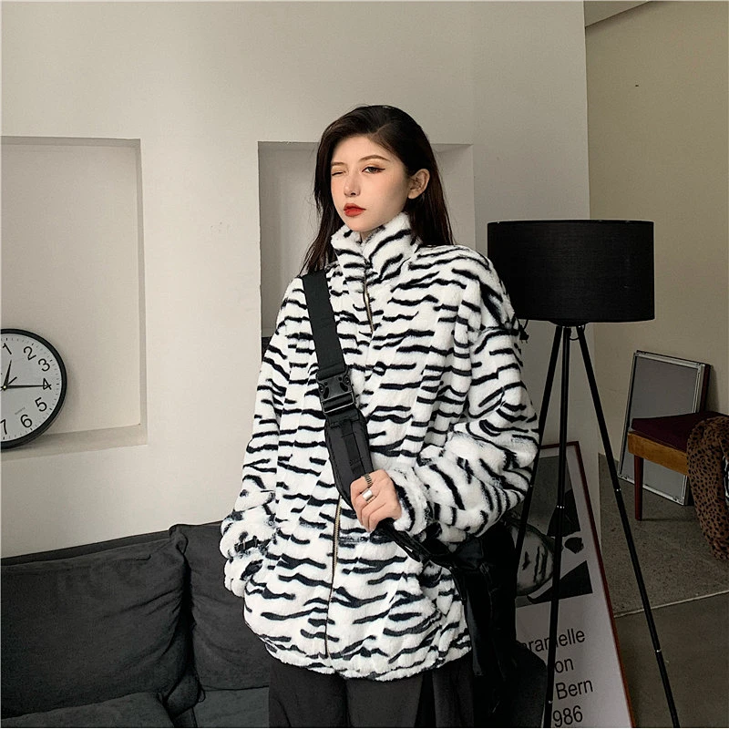 Amazon INS Hot Cozy Plush Coat Zebra Pattern Full Zip Sherpa Fleece Jacket Pullover