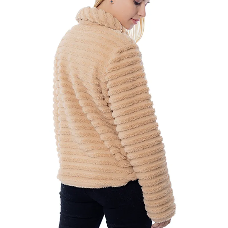 Amazon hot  Womens Solid color Outwear Stripe Full Zipper Leopard Printing Sherpa Fleece Jacket Coat