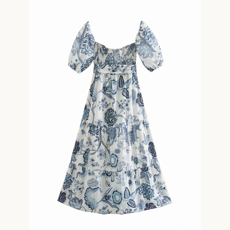 2021 New Floral Bardot Shirred Back Belted Ruffle Hem Dress