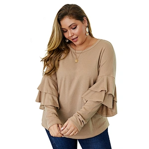 Women Plus Size Pullover Sweater Ruffle Sleeve Solid Color  Knitted Crew Neck Sweater Tops