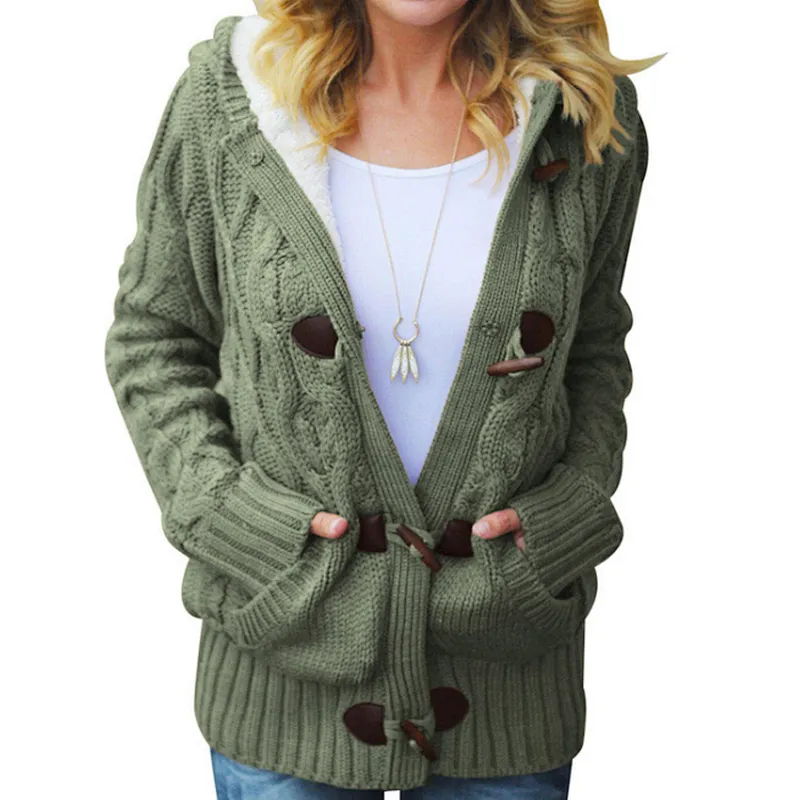 High Quality Fashion Warm Fur Hood Horn Button Sweater Cardigan