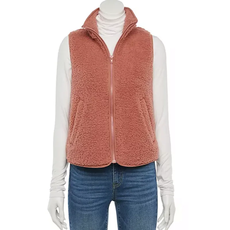 Custom Logo Winter Warm Teddy Waistcoat Full Zip Sleeveless Sherpa Fleece Vest with Pocket