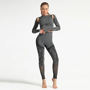 Wholesale camouflage hollow-out yoga suit 2PCS female fitness legging seamless sports long sleeve hip tights yoga pants