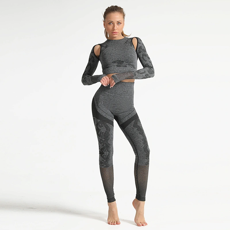 Wholesale camouflage hollow-out yoga suit 2PCS female fitness legging seamless sports long sleeve hip tights yoga pants