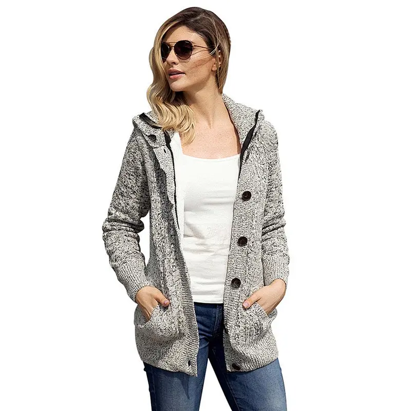 Women's Long Sleeve Button-up Hooded Cardigans Knit Sweater Blouse