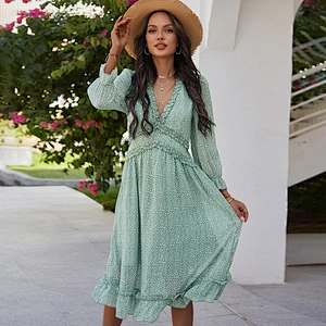 2021 New All Over Print Deep V-neck Ruffle Hem Dress