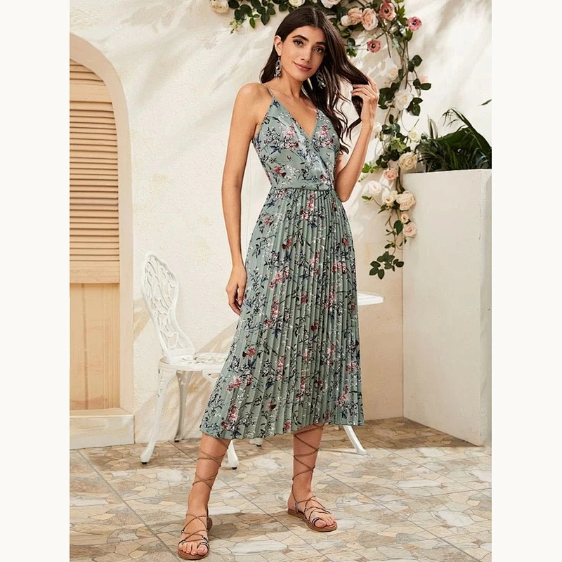 2021 New Floral Print Pleated Slip Dress