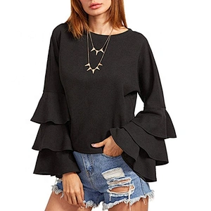 Long Sleeve White Crew Neck Ruffle Shirt Ladies Work Wear Chiffon Blouse