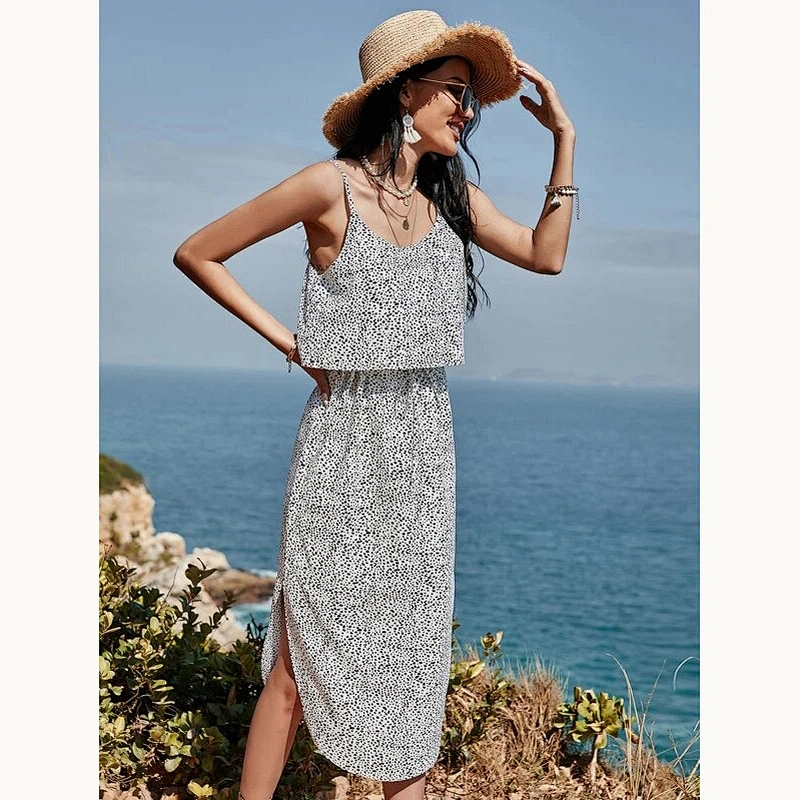 2021 New Allover Print Drawstring Waist Split Cami Dress