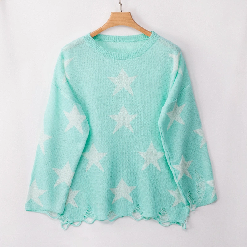 2019 Euro US Loose Knitwear round neck tree color Star print women Sweater Pullover
