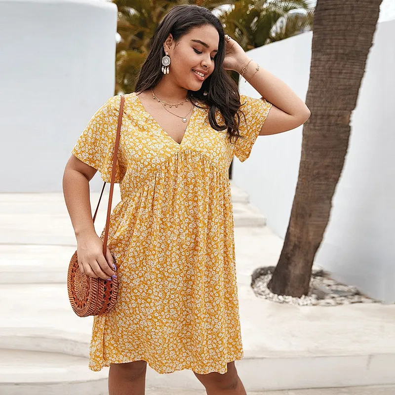 2021 New Arrival Ditsy Floral V-Neck Babydoll Dress  Ladies Dresses Elegant
