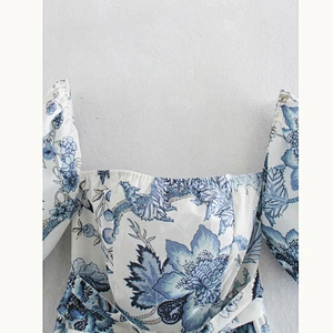 2021 New Floral Bardot Shirred Back Belted Ruffle Hem Dress
