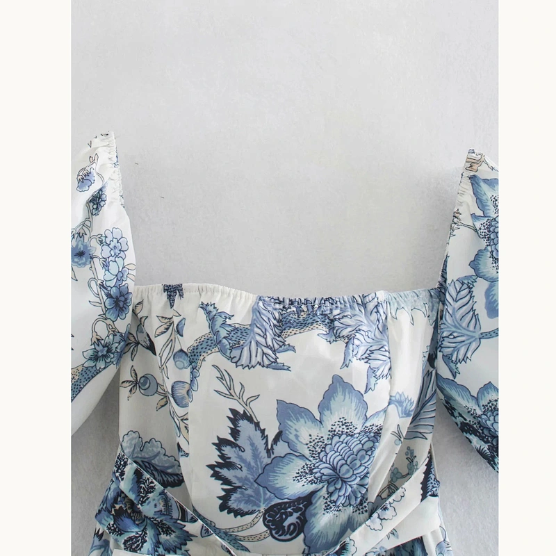 2021 New Floral Bardot Shirred Back Belted Ruffle Hem Dress