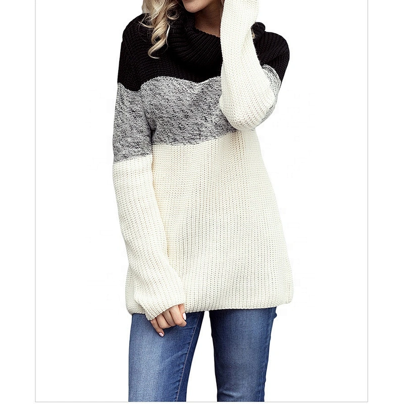 Women Color Blocked Turtleneck Long Sleeve Pullover Sweater