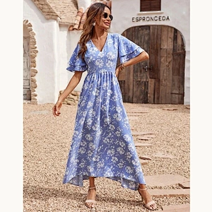2021 New Allover Floral Asymmetrical Hem A-line Dress
