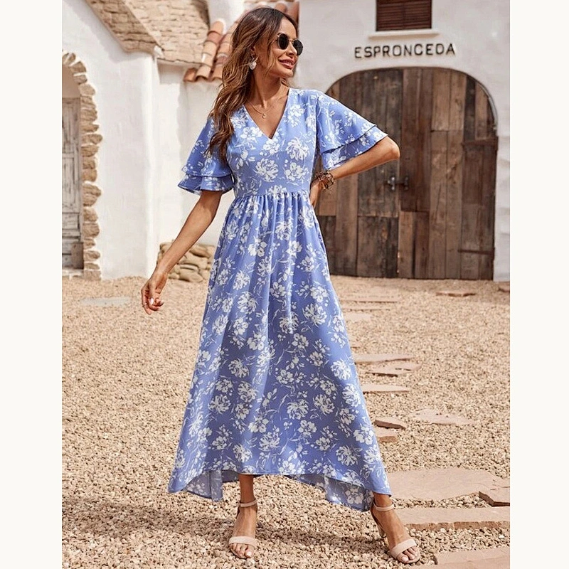 2021 New Allover Floral Asymmetrical Hem A-line Dress