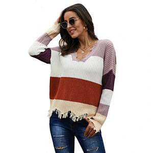 Wholesale High Quality Stylish Multi-Color Striped V neck Irregular Raw Edge Knit Women Sweater