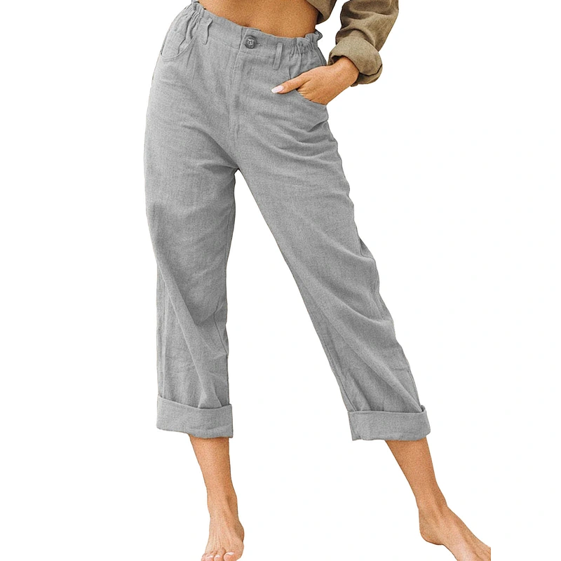 Factory sale Wish and Amazon's new style pure color cotton linen trousers women's fashion loose-waisted slacks