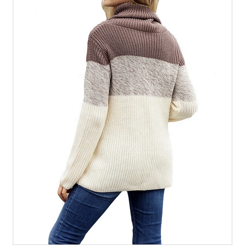Women Color Blocked Turtleneck Long Sleeve Pullover Sweater