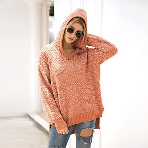 Brand New Design Fashion Sweater pullover Plain Loose Women Knit Hoodie with drawstring