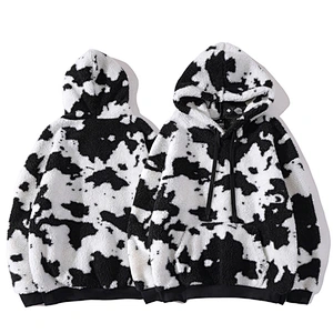 Factory Direct Kangaroo Pocket Wool Lamb Hooded Sweatshirt Cow Printing Sherpa Hoodie Fleece pullover