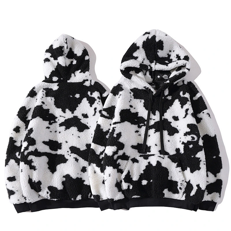 Factory Direct Kangaroo Pocket Wool Lamb Hooded Sweatshirt Cow Printing Sherpa Hoodie Fleece pullover