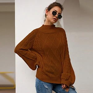 Wholesale New Design Ladies Top Loose Long Sleeve High Neck Yellow Knit Sweater Pullover