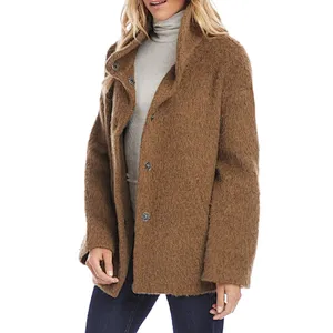 Custom Logo Womens Middle long Solid color Outwear Funnel Neck Button Sherpa Jacket Coat