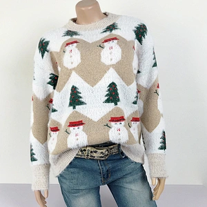 Winter Fashion Ladies Knitting Pullover Snowman Tree Pattern Pink Fuzzy Christmas Sweater