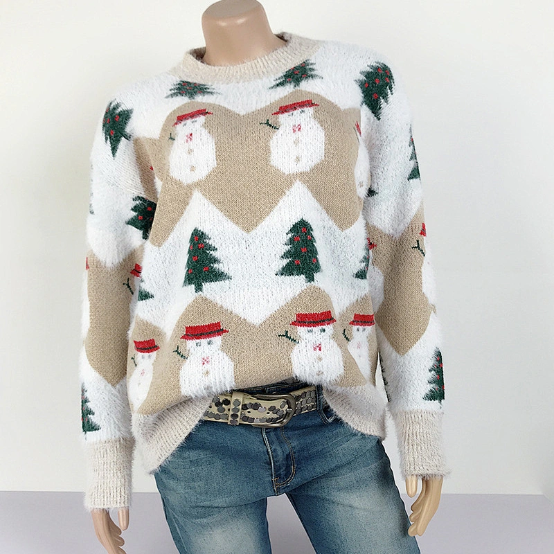 Winter Fashion Ladies Knitting Pullover Snowman Tree Pattern Pink Fuzzy Christmas Sweater