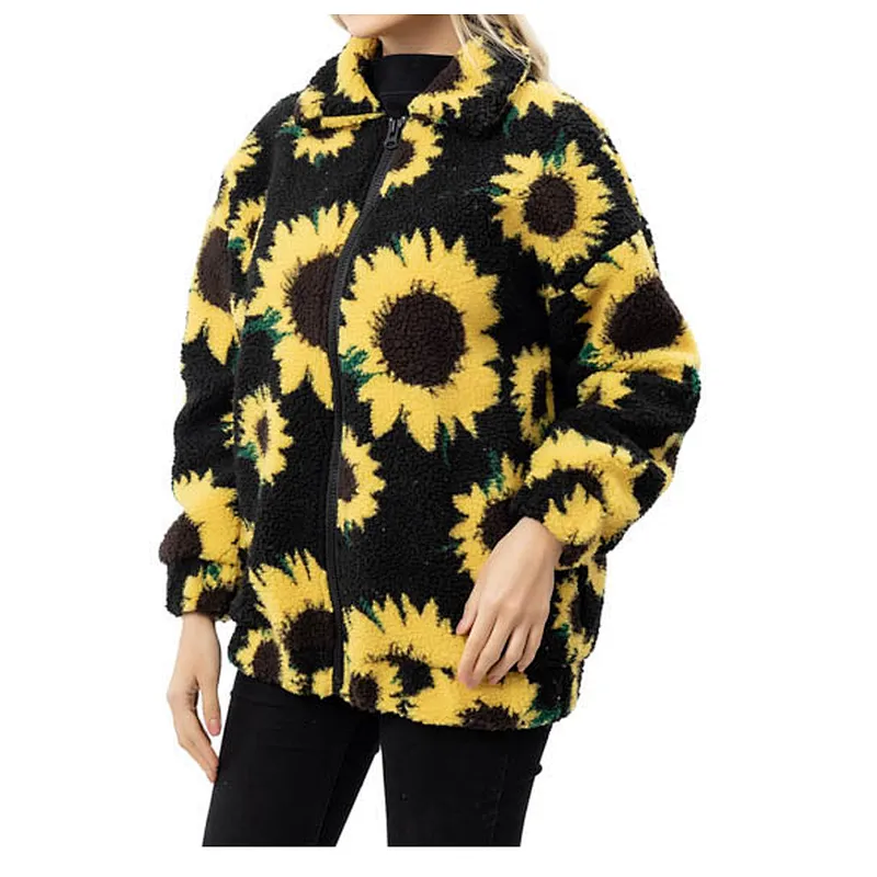 2021 New Arrival Lamb Wool  Sunflower Print Sherpa Fleece Jacket Pullover