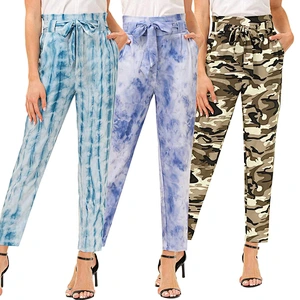 Factory Wholesale Ladies Pants with Belt Casual Elastic Waist Tie Dye Pants High Waist Trousers