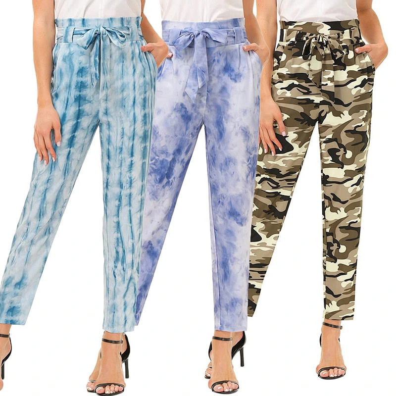 Factory Wholesale Ladies Pants with Belt Casual Elastic Waist Tie Dye Pants High Waist Trousers
