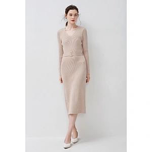 Custom Logo Womens Over-knee Long Sweater Dress  V-Neck Front Belted knitted Tunic Sweater Dress Pullover
