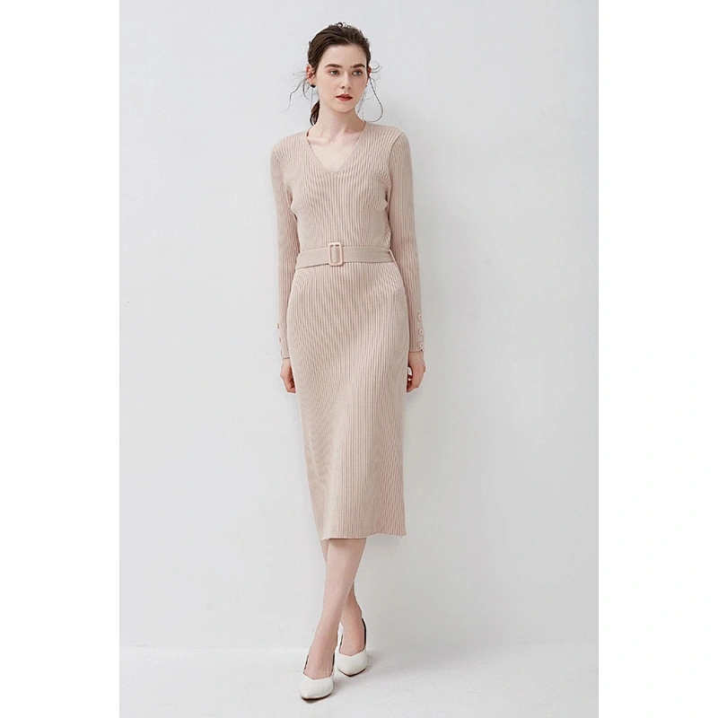 Custom Logo Womens Over-knee Long Sweater Dress  V-Neck Front Belted knitted Tunic Sweater Dress Pullover