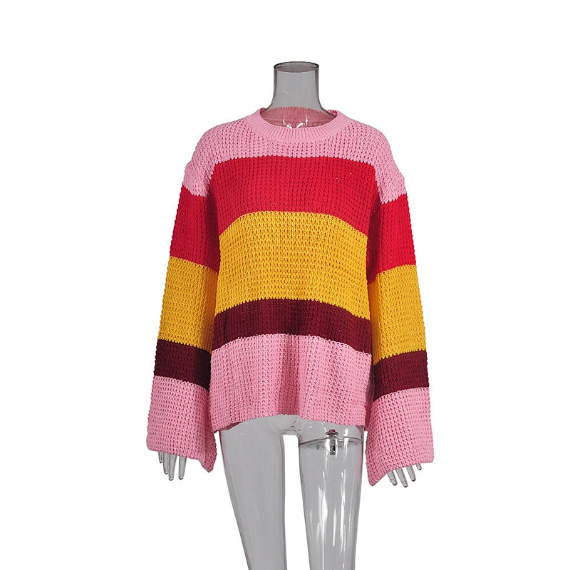 Three-Color Stitching Long-Sleeved Loose Pullover Sweater