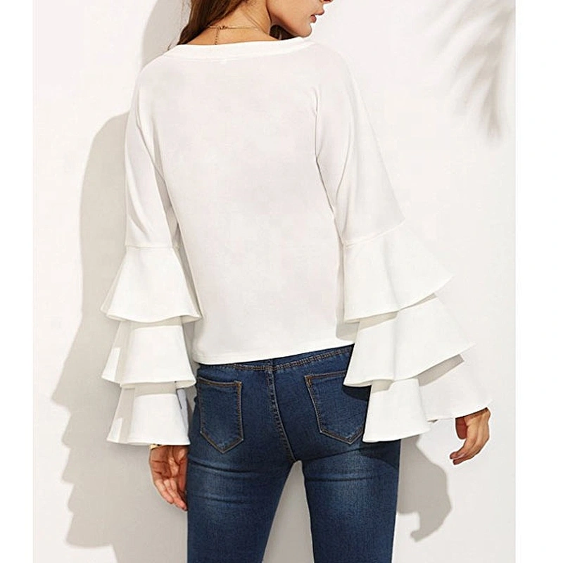 Long Sleeve White Crew Neck Ruffle Shirt Ladies Work Wear Chiffon Blouse