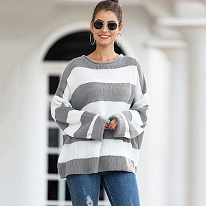 Wholesale Hot Selling Knitwear Loose Long Sleeve Edge Curl Collar Striped Women Sweater